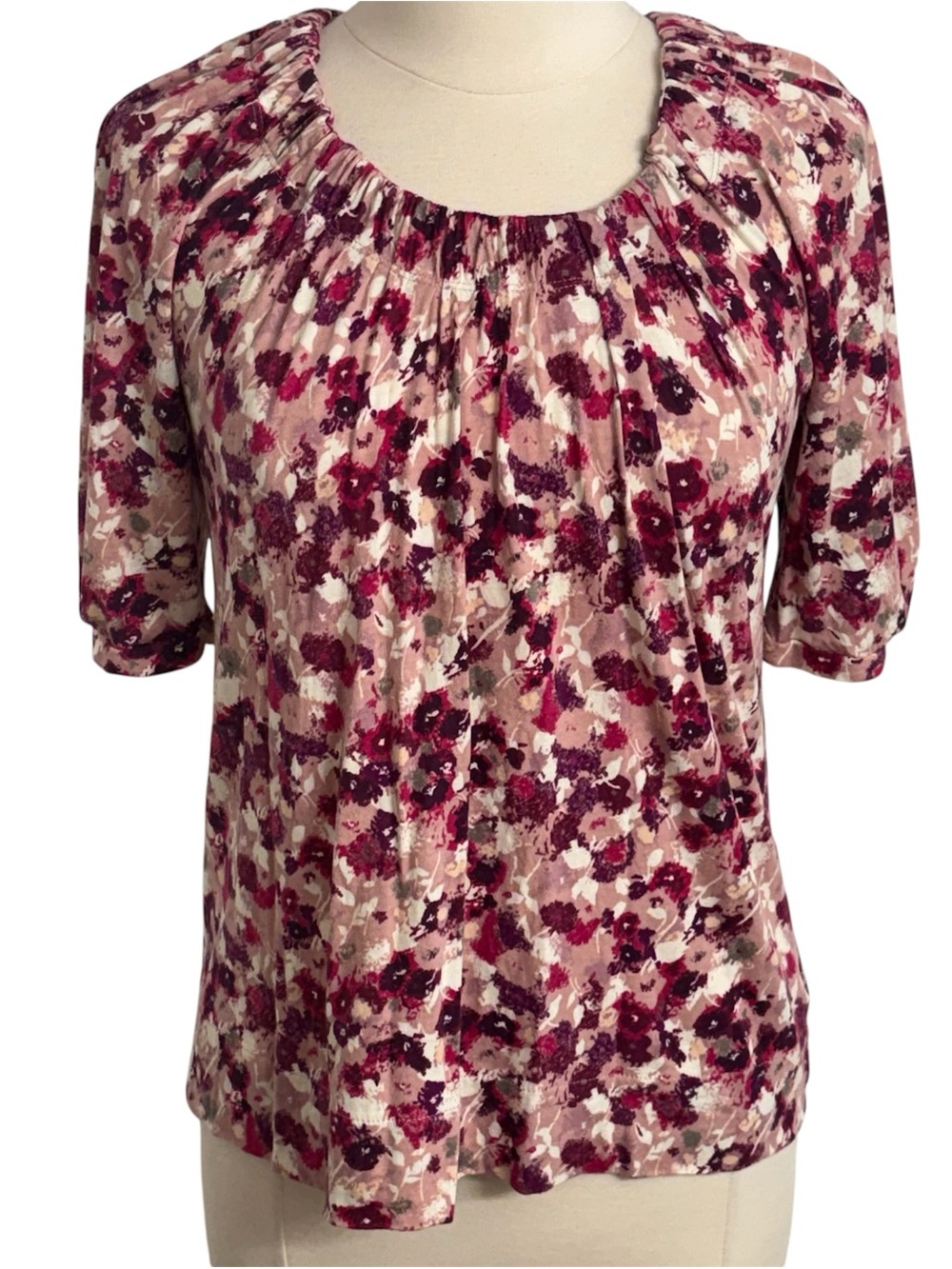 Elle Women's Vibrant Floral Pattern Pleated Round Neckline, Pullover Top, Size M